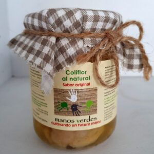 Tarro de coliflor al natural Manos Verdes 430g, conserva artesanal sin aditivos cultivada sin agroquímicos.