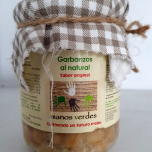 Tarro de garbanzos cocidos al natural Manos Verdes 430g, legumbre en conserva artesanal sin conservantes.