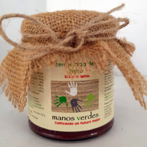 Tarro de mermelada de fresa artesanal Manos Verdes 250g con azúcar de caña ecológico y sin conservantes.