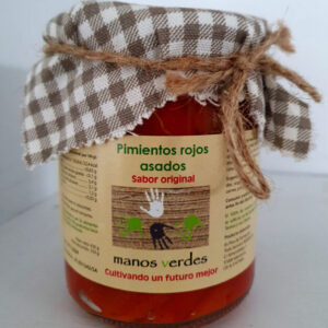 Tarro de pimientos rojos asados artesanales Manos Verdes 430g, conserva vegetal natural sin conservantes elaborada en origen.