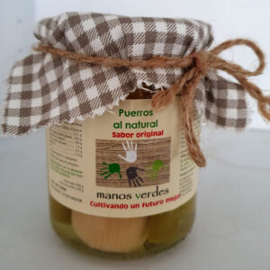 Tarro de puerros al natural Manos Verdes 430g, conserva vegetal artesanal sin aditivos.