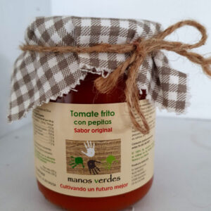 Tarro de tomate frito artesanal con pepitas Manos Verdes 430g con aceite de oliva virgen extra y sin conservantes.
