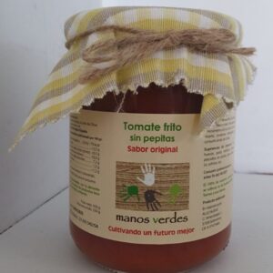 Tarro de tomate frito artesanal sin pepitas Manos Verdes 430g con textura fina y sin conservantes.