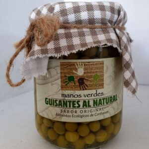 Tarro de guisantes al natural Manos Verdes 430g conservados con agua, sal y limón, sin conservantes ni aditivos.