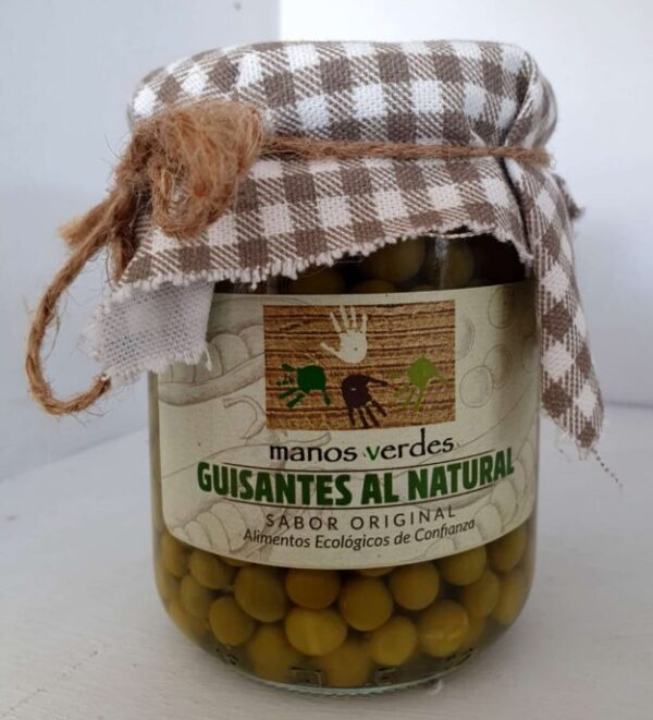 Tarro de guisantes al natural Manos Verdes 430g conservados con agua, sal y limón, sin conservantes ni aditivos.